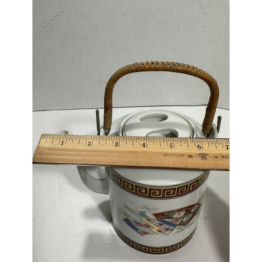 Vintage Japanese Teapot Tea Hand‎ Painted Ceramic with Rattan Handle - Picture 10 of 13